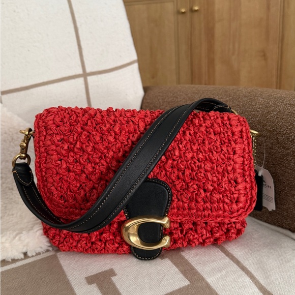 RARE NWT Coach Raffia Red Black Woven Shoulder Crossbody Bag - Picture 8 of 8